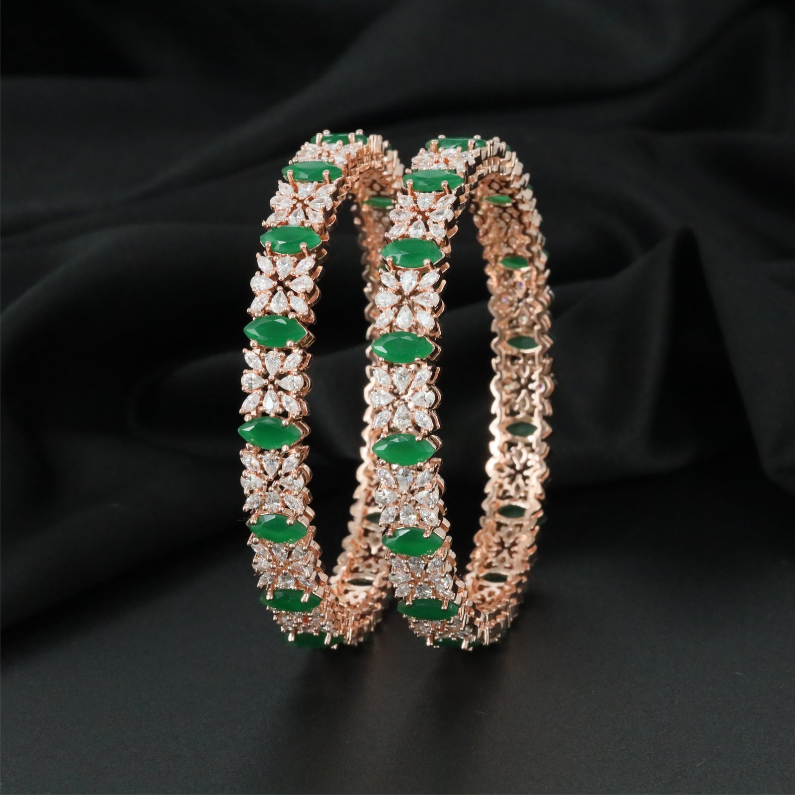 Amber Floral Frame Rose Gold Bangles with Repeating Centre Highlights