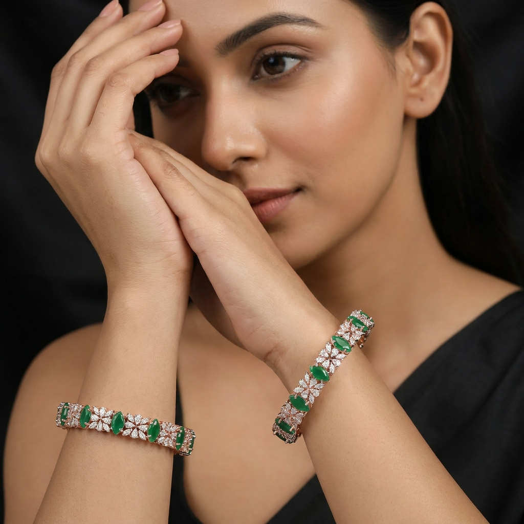 Amber Floral Frame Rose Gold Bangles with Repeating Centre Highlights