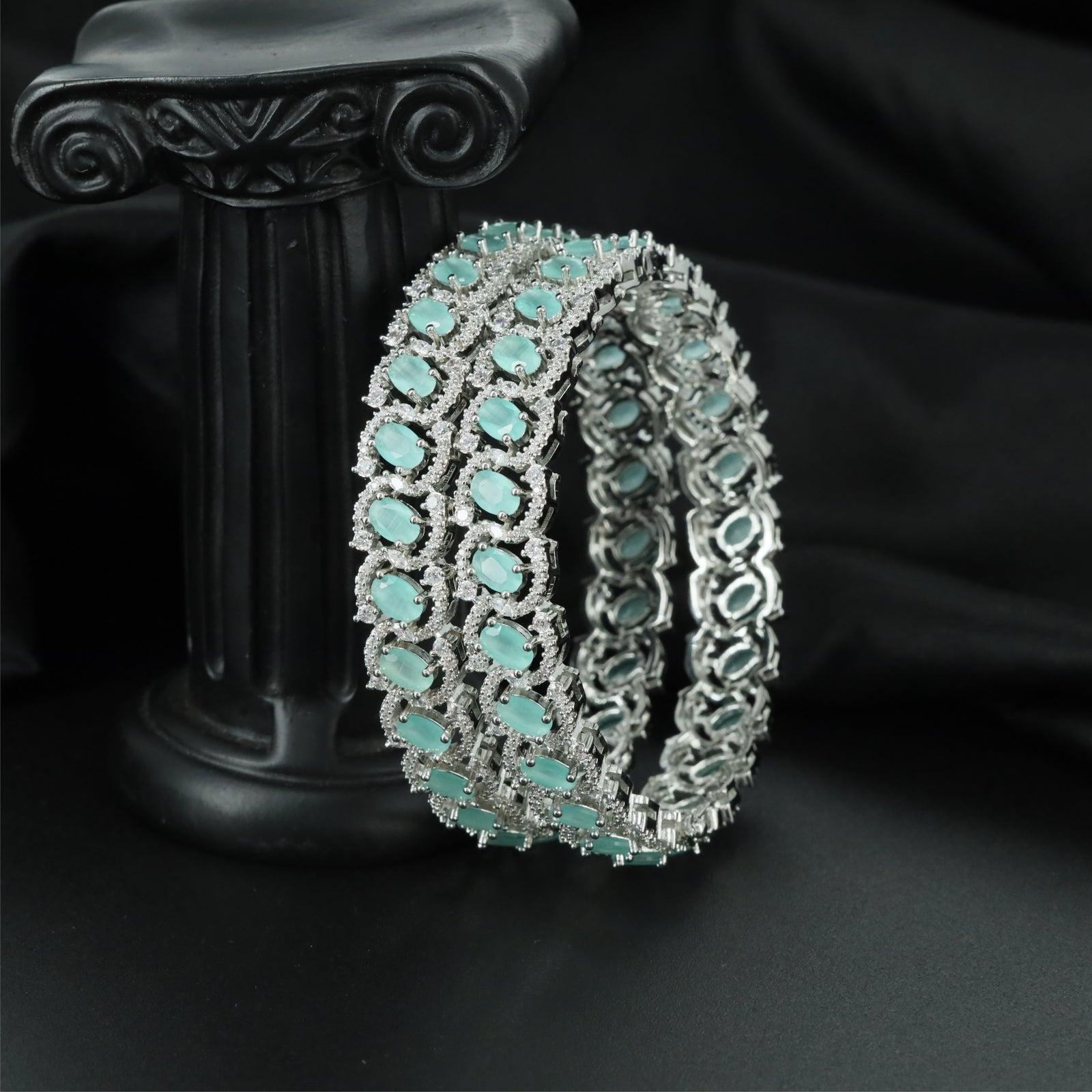 Boutique Interlace Rhodium Bangles with Detailed Frame Construction