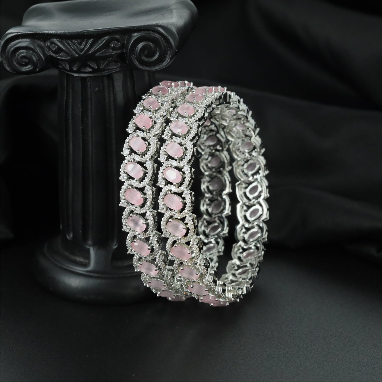 Sophisticated Weave Rhodium Bangles with Dimensional Openwork Layout