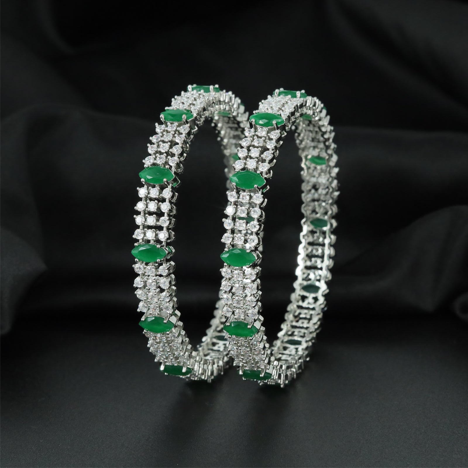 Majestic Cluster Rhodium Bangles with Alternating Connector Sections