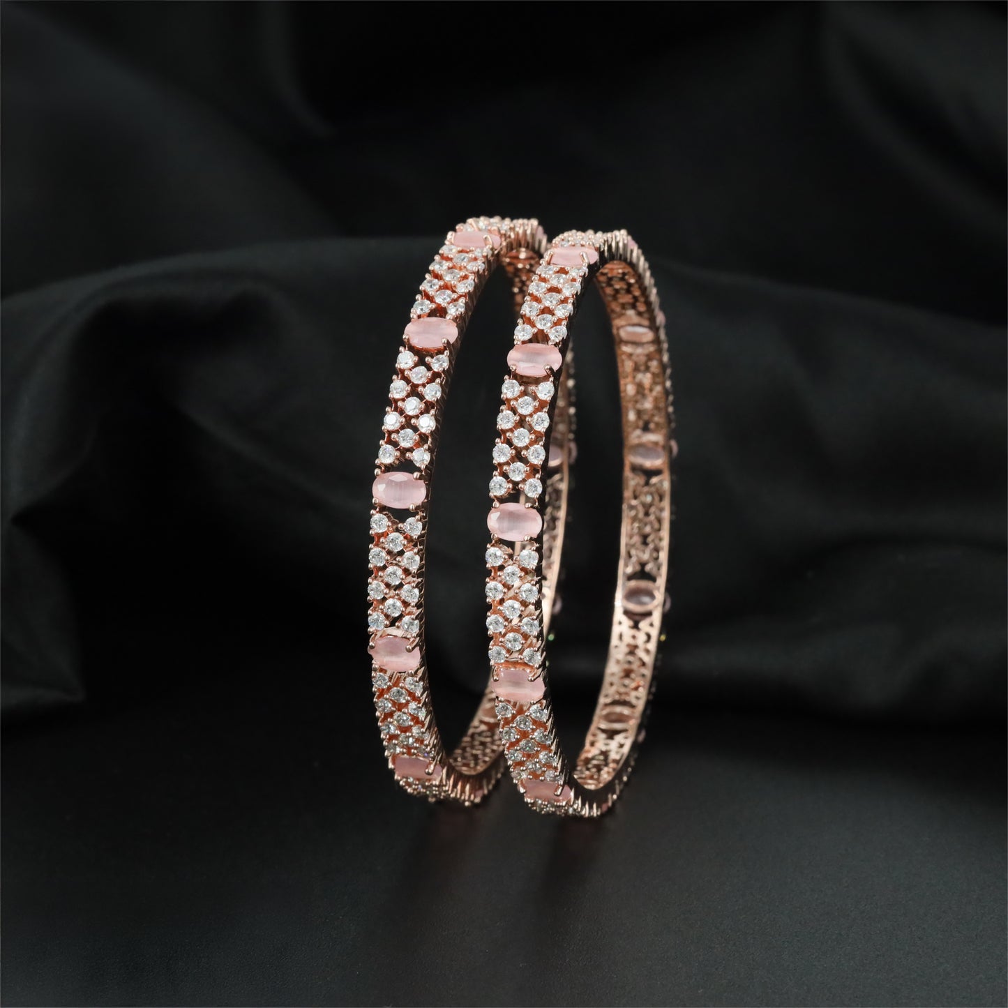 Couture Rose Gold Bangles Featuring Sculpted Stone Panels and Intricate Links