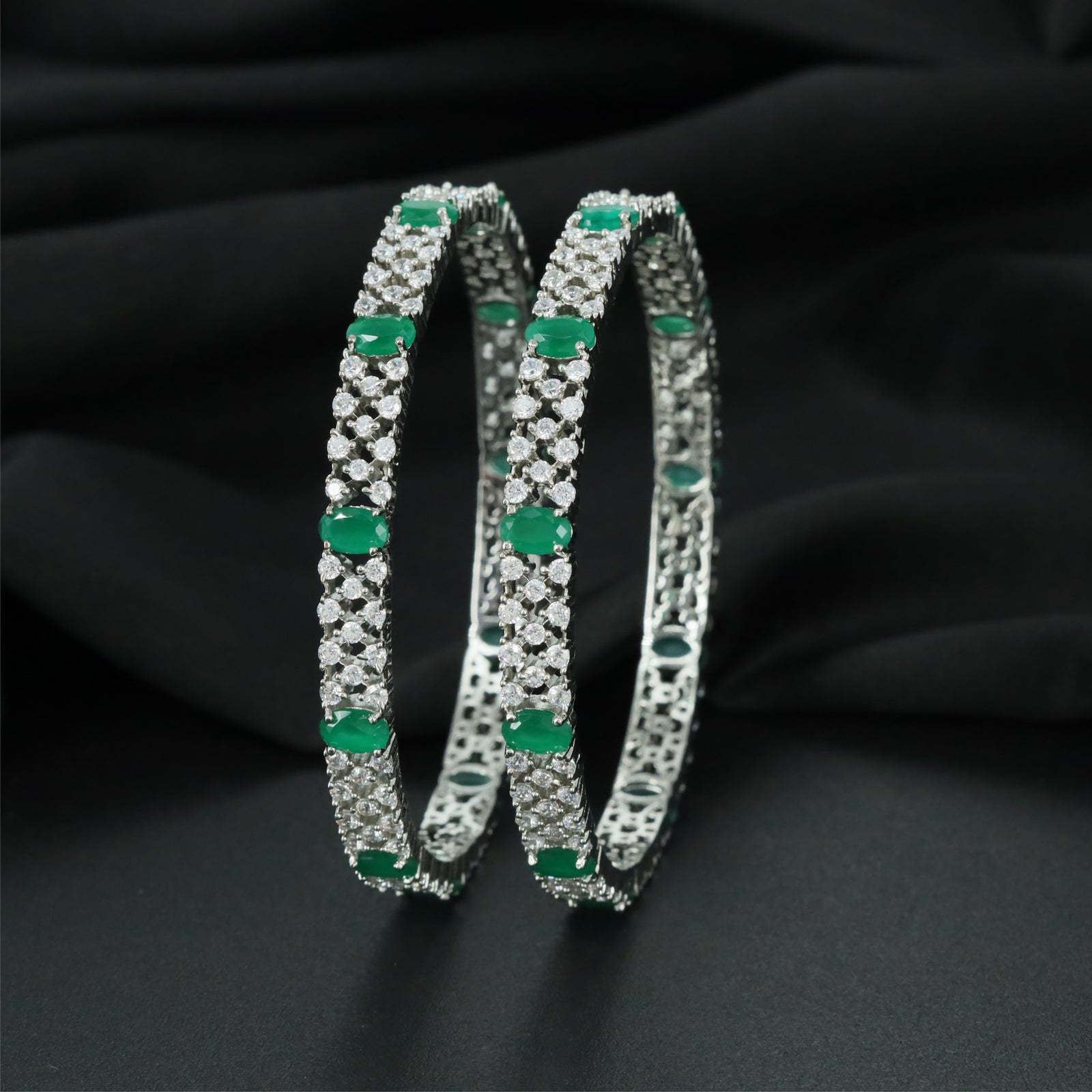 Illusion Trellis Rhodium Bangles with Intricate Connector Styling