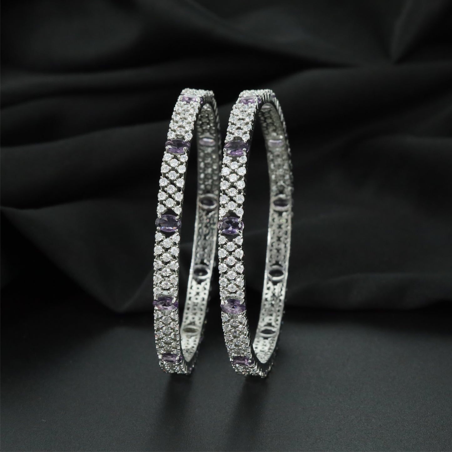 Avenue Accent Rhodium Bangles with Repeating Oval Highlight Sections