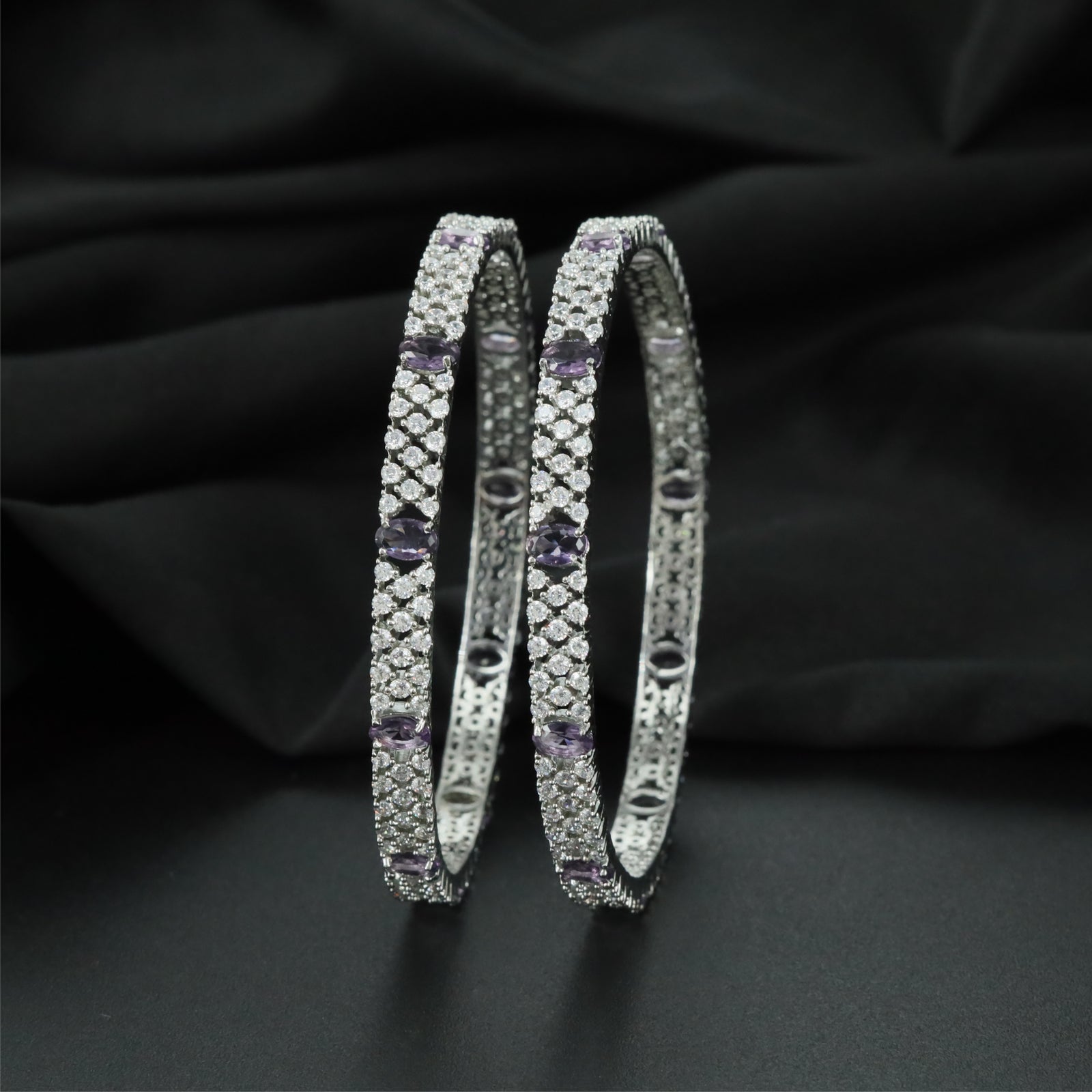 Avenue Accent Rhodium Bangles with Repeating Oval Highlight Sections