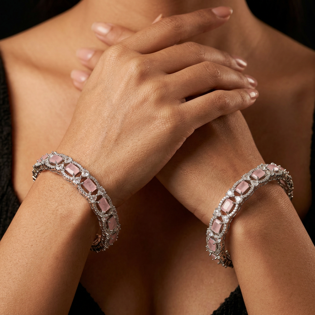 Interlock Oval Rhodium Bangles with Detailed Framework Layout