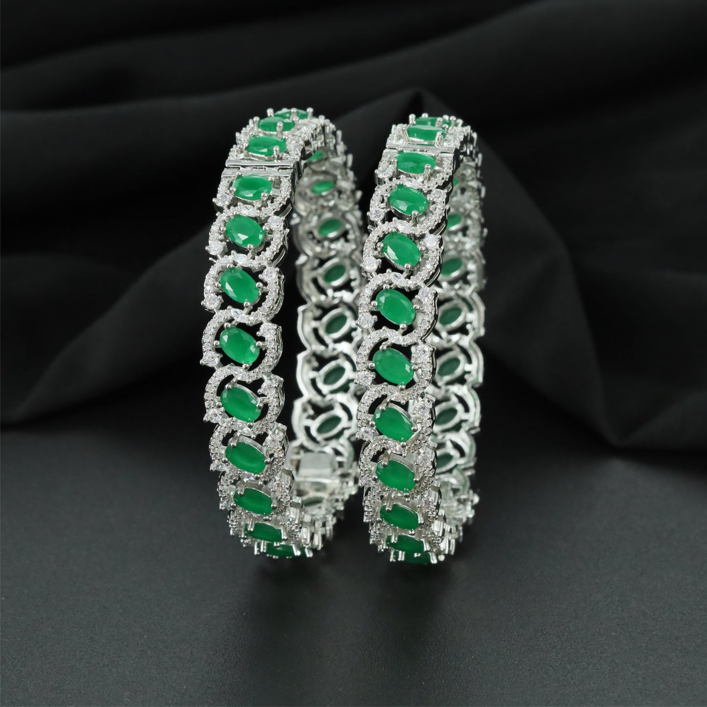 Flowing Trellis Rhodium Bangles with Ornamental Frame Pattern