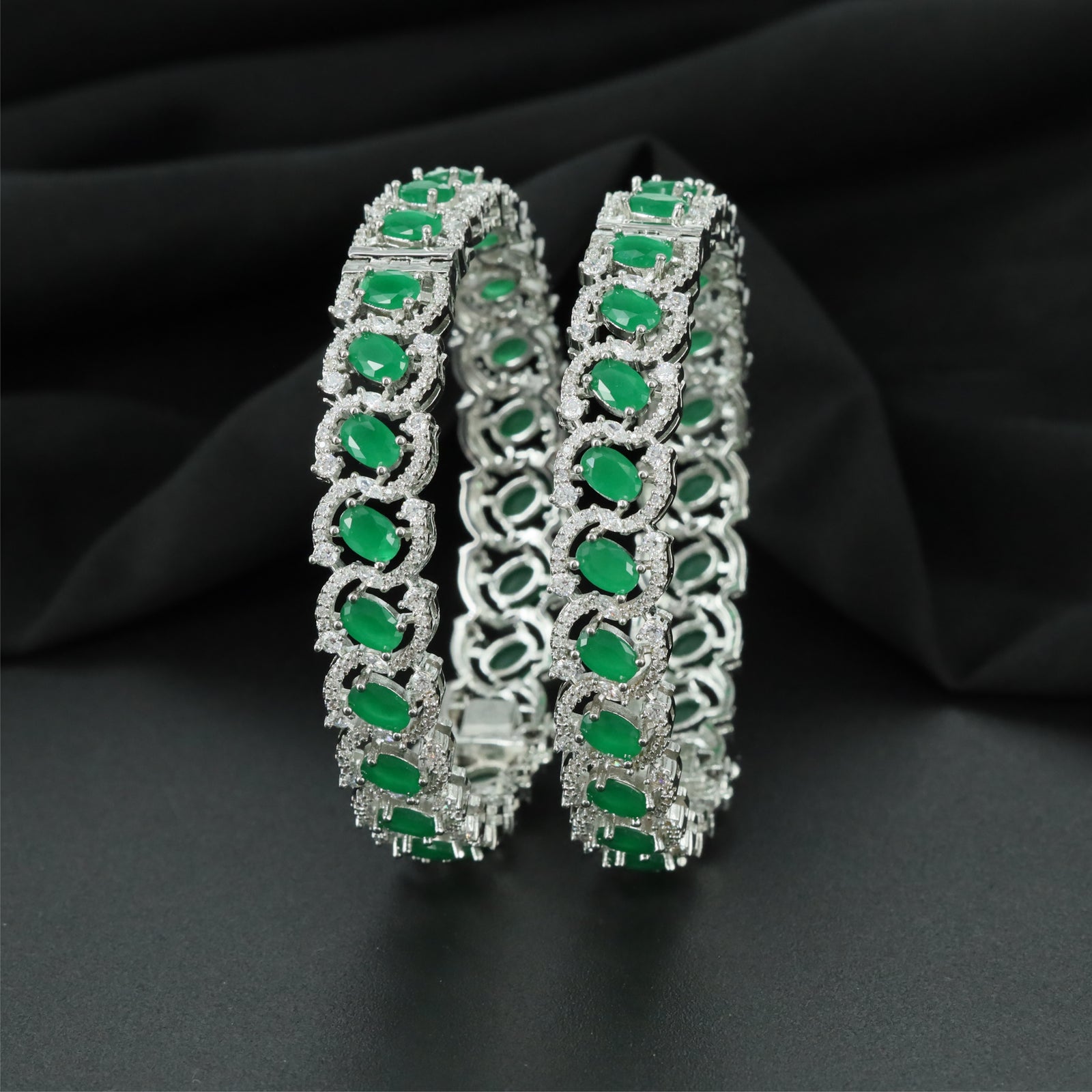 Flowing Trellis Rhodium Bangles with Ornamental Frame Pattern