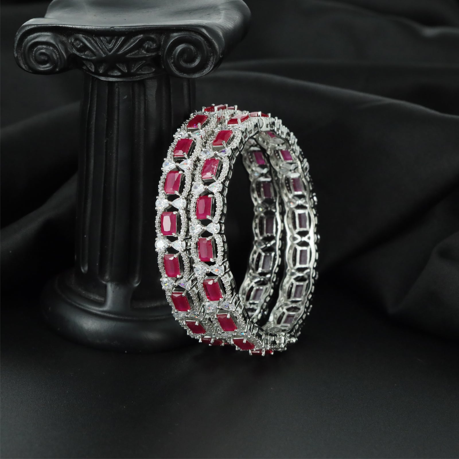 Royal Framework Rhodium Bangles with Refined Border Construction