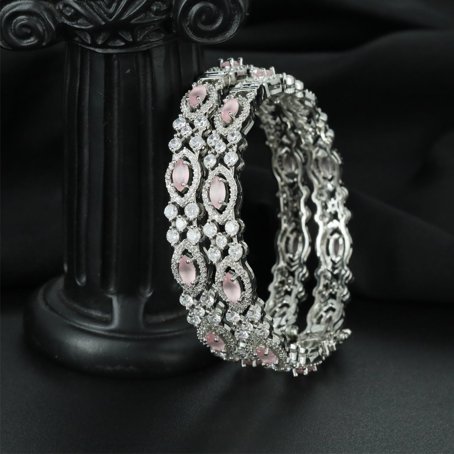 Halo Outline Rhodium Bangles with Repeating Frame Pattern