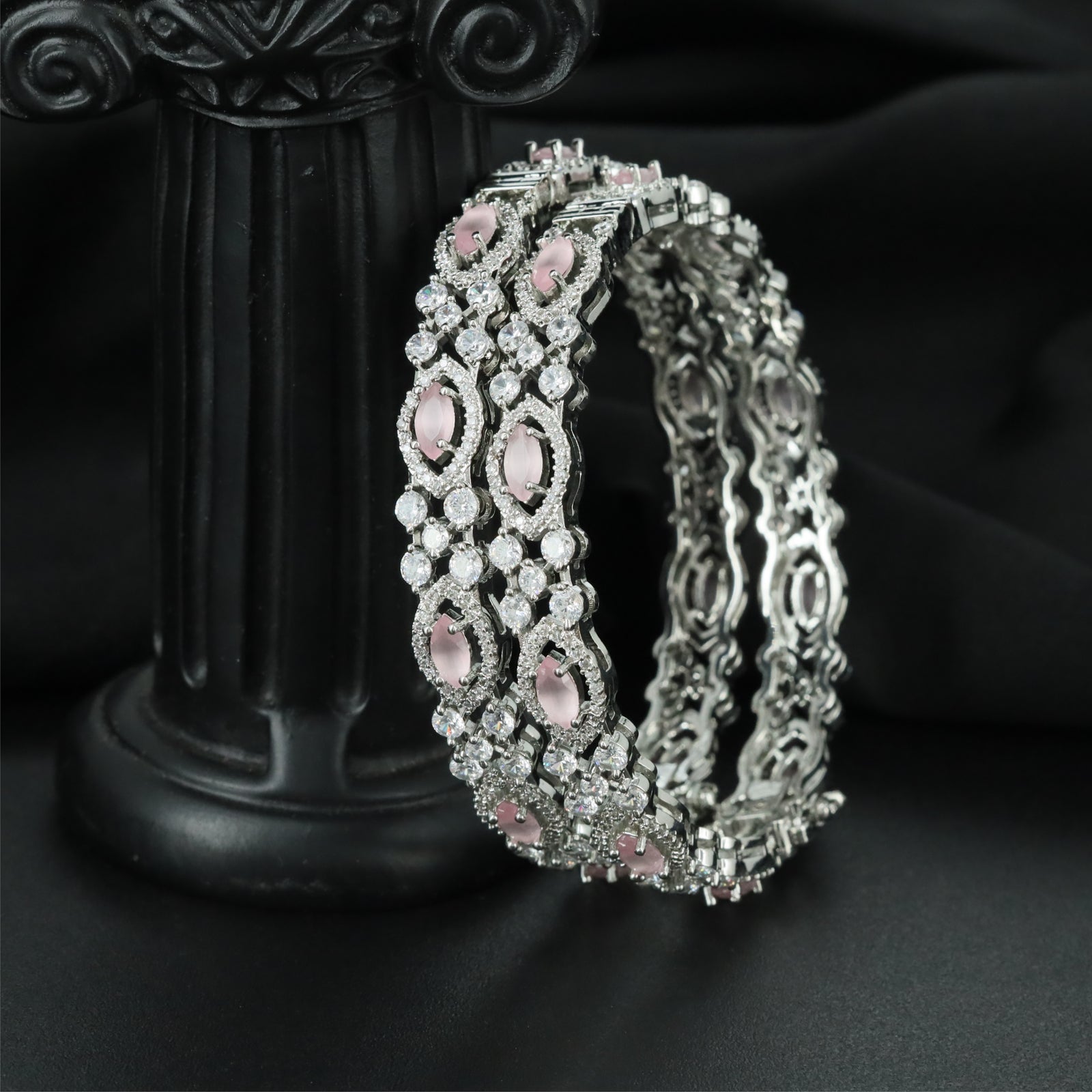 Halo Outline Rhodium Bangles with Repeating Frame Pattern