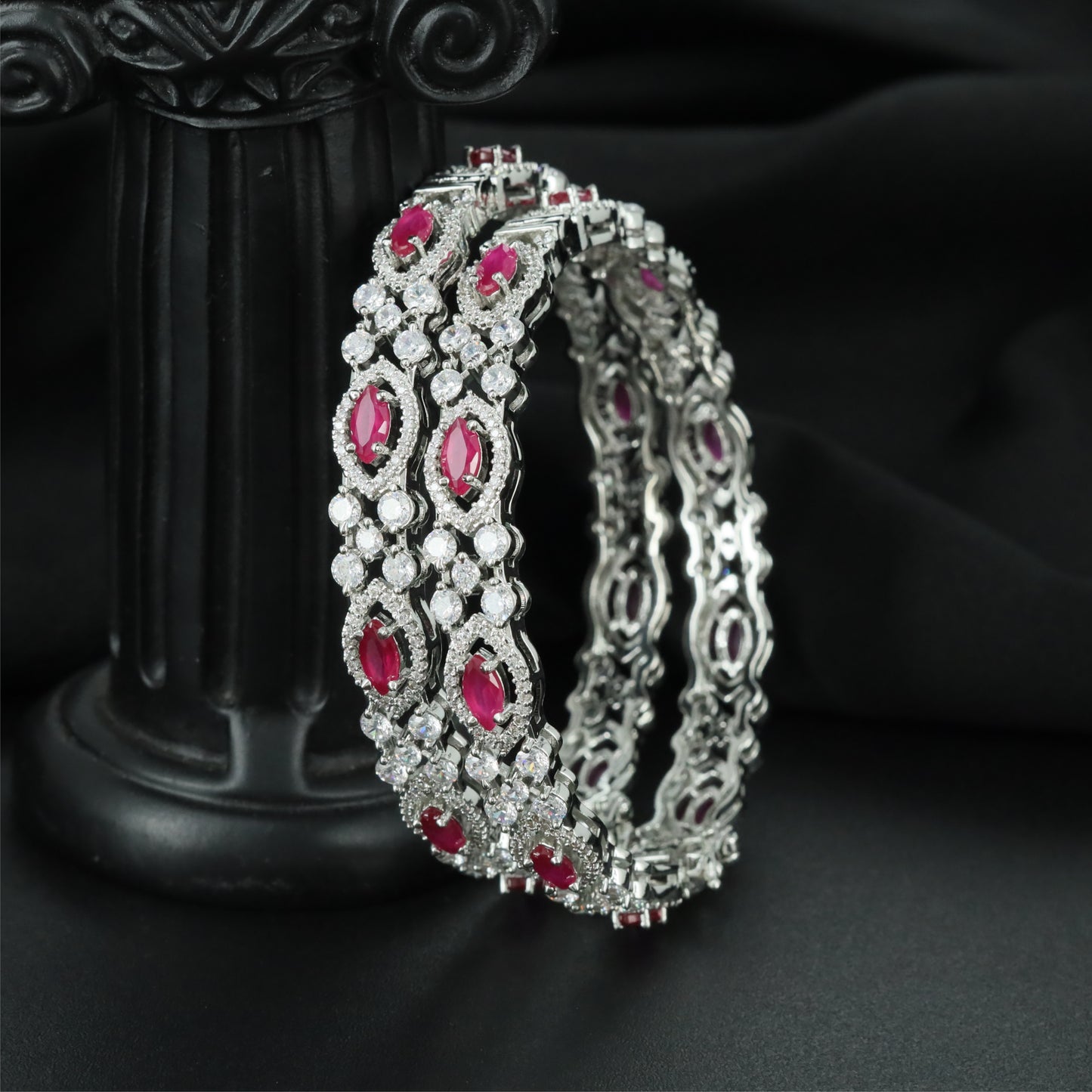 Floral Ribbon Rhodium Bangles with Detailed Connector Styling