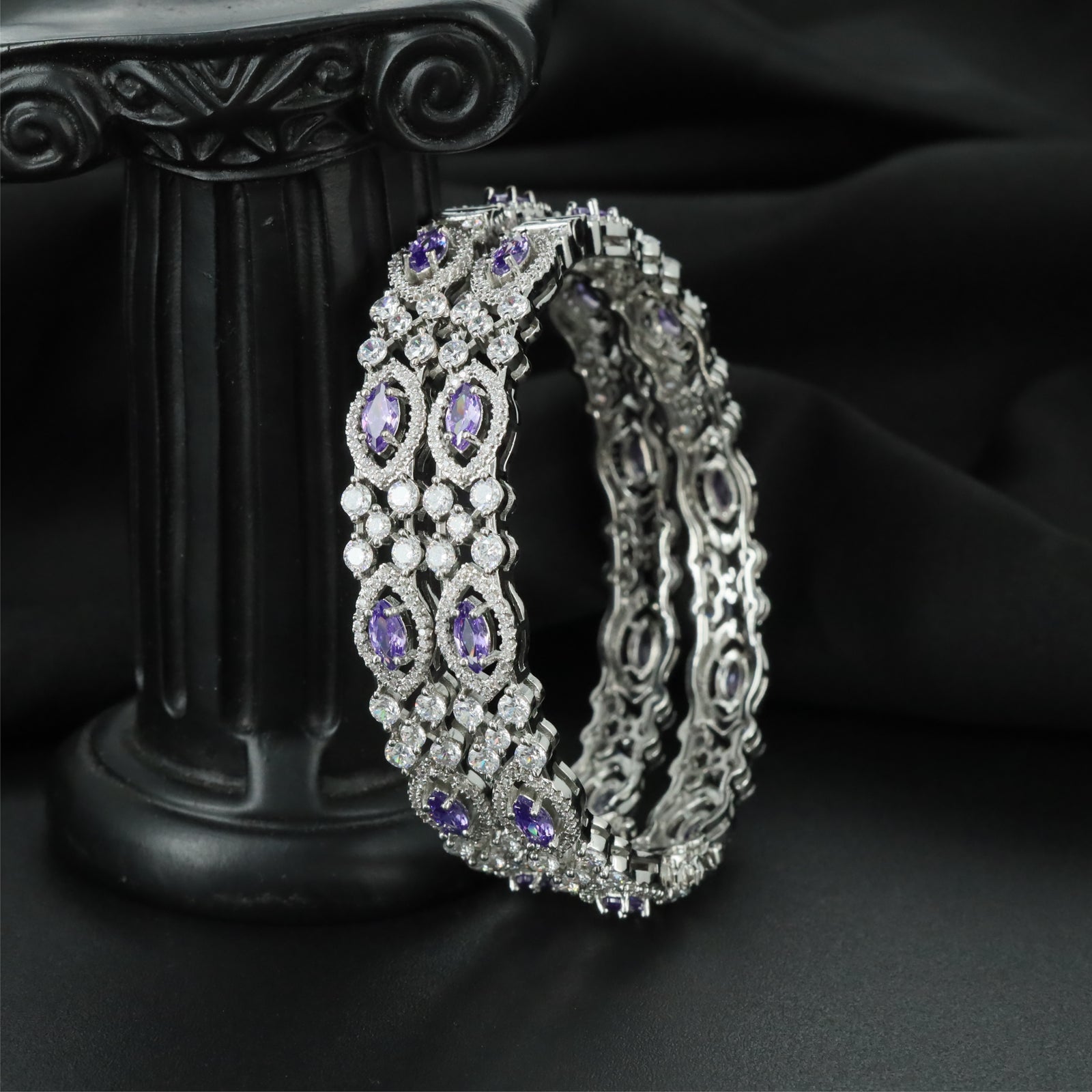 Blooming Cluster Rhodium Bangles with Decorative Border Detailing