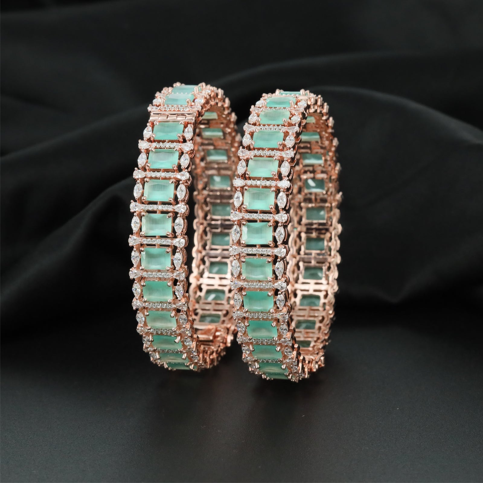 Gemline Border Rose Gold Bangles with Detailed Framework Construction