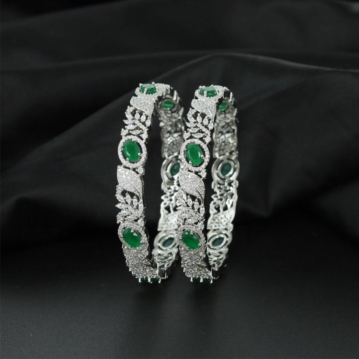 Meadow Vine Rhodium Bangles with Sculpted Decorative Profile