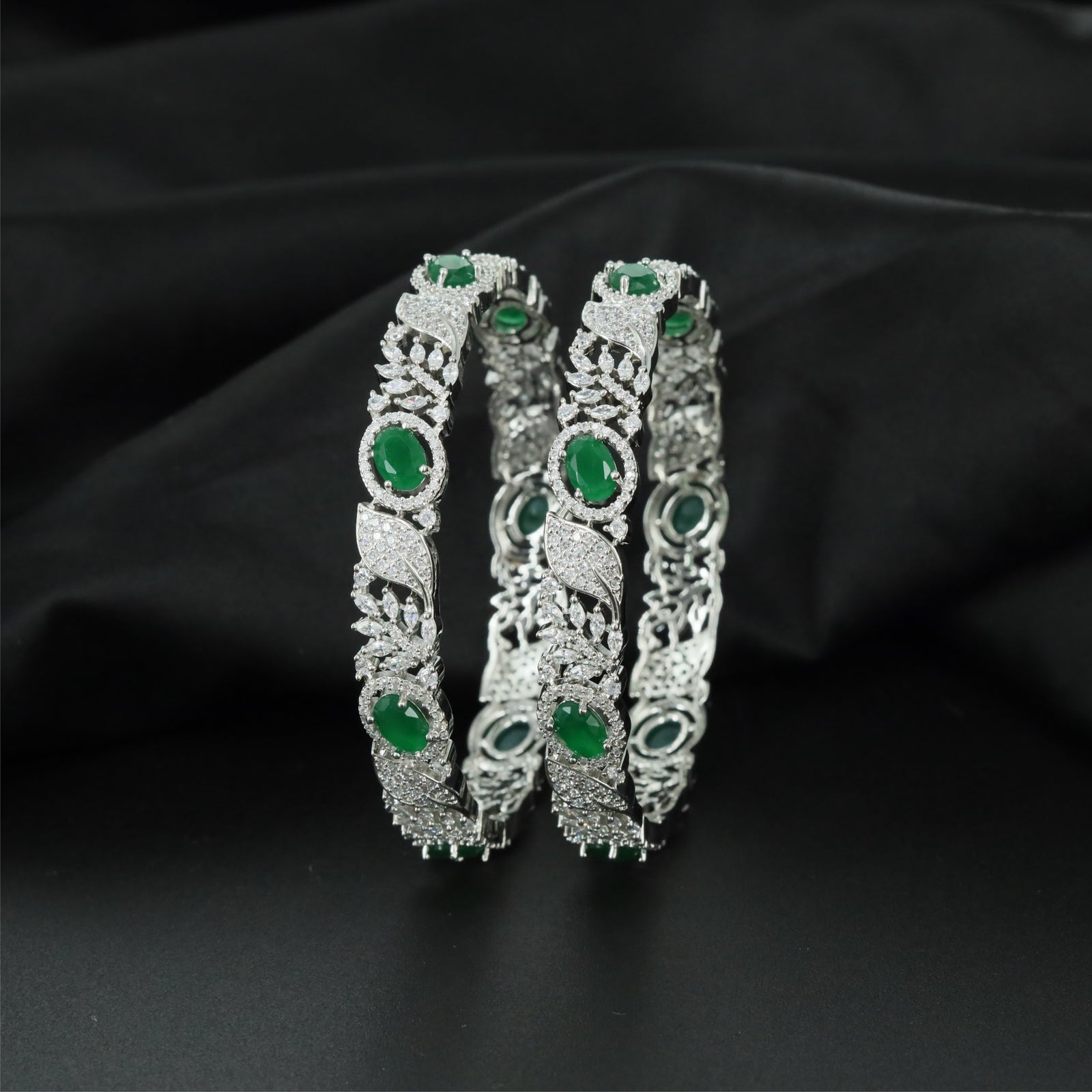 Meadow Vine Rhodium Bangles with Sculpted Decorative Profile