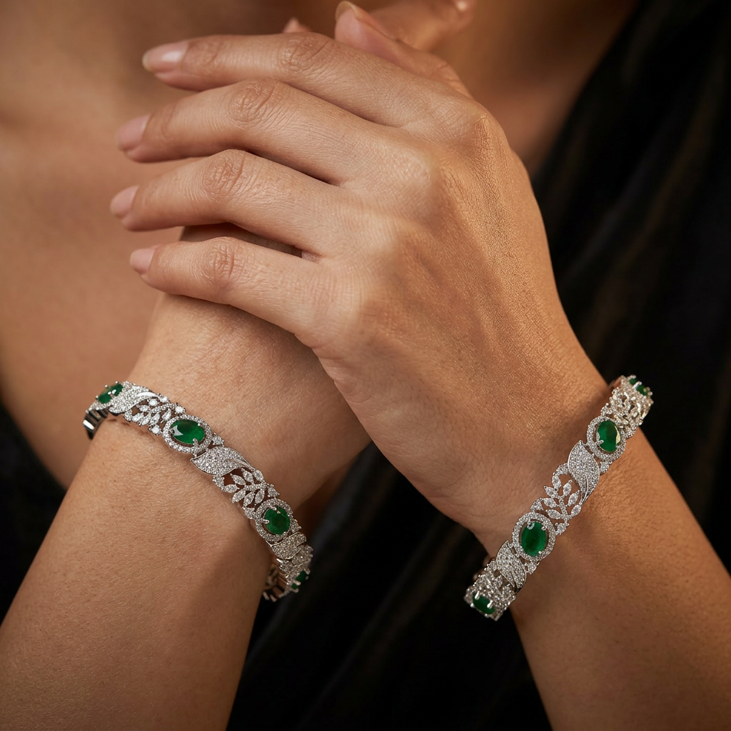Meadow Vine Rhodium Bangles with Sculpted Decorative Profile