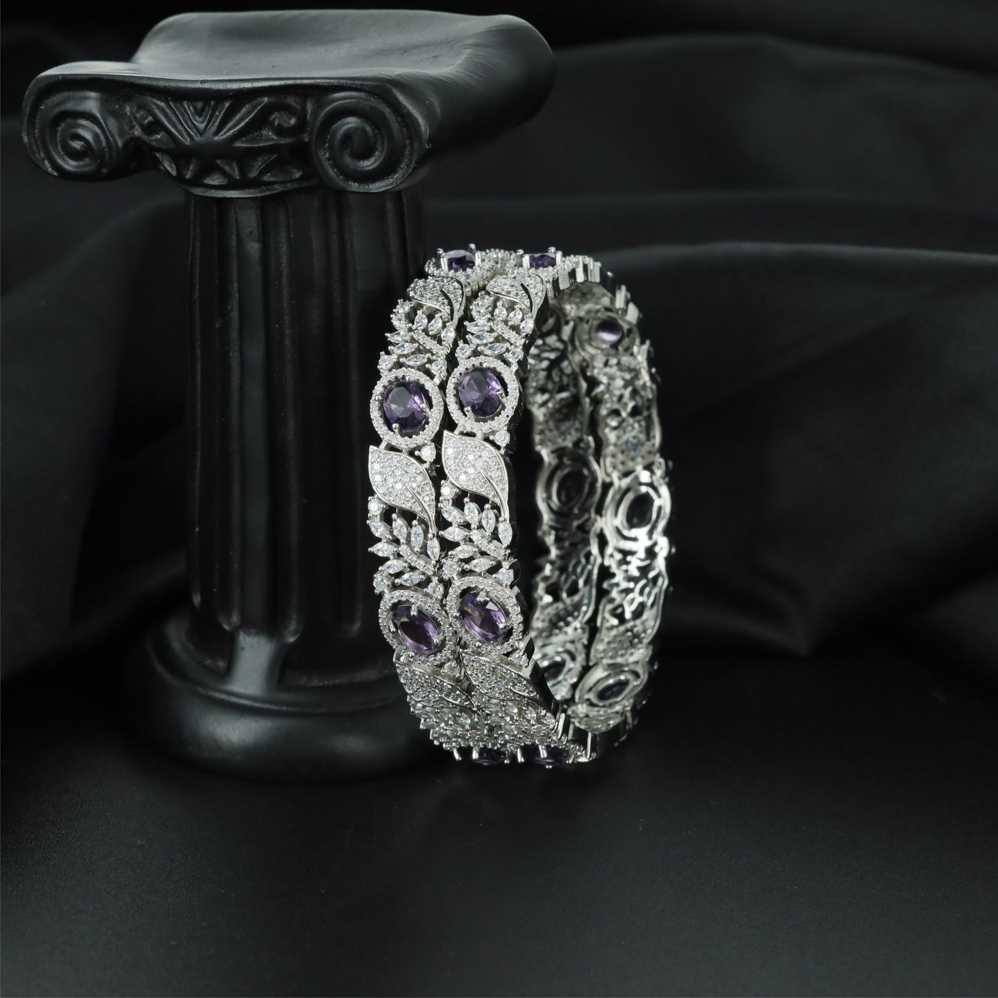 Vine Scroll Rhodium Bangles with Detailed Botanical Framework