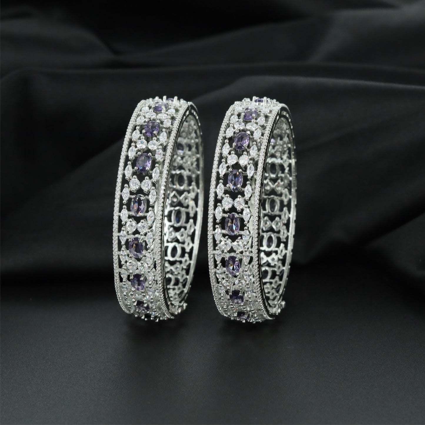 Floral Mosaic Rhodium Bangles with Openwork Centre Alignment