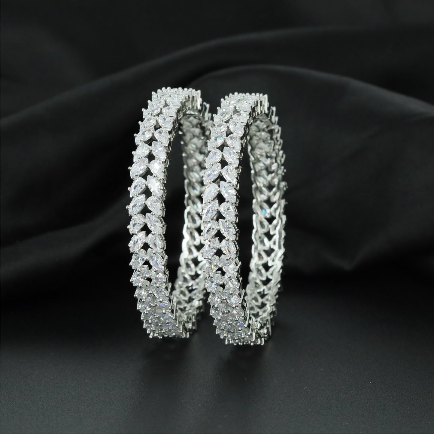 Vine Chevron Rhodium Bangles with Decorative Border Construction