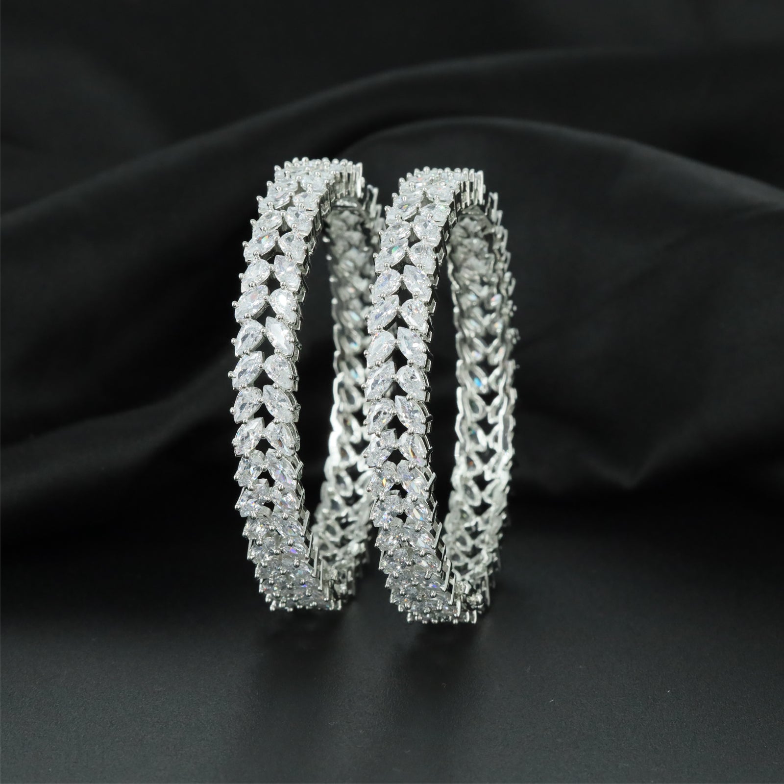 Vine Chevron Rhodium Bangles with Decorative Border Construction