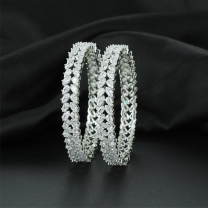 Vine Chevron Rhodium Bangles with Decorative Border Construction