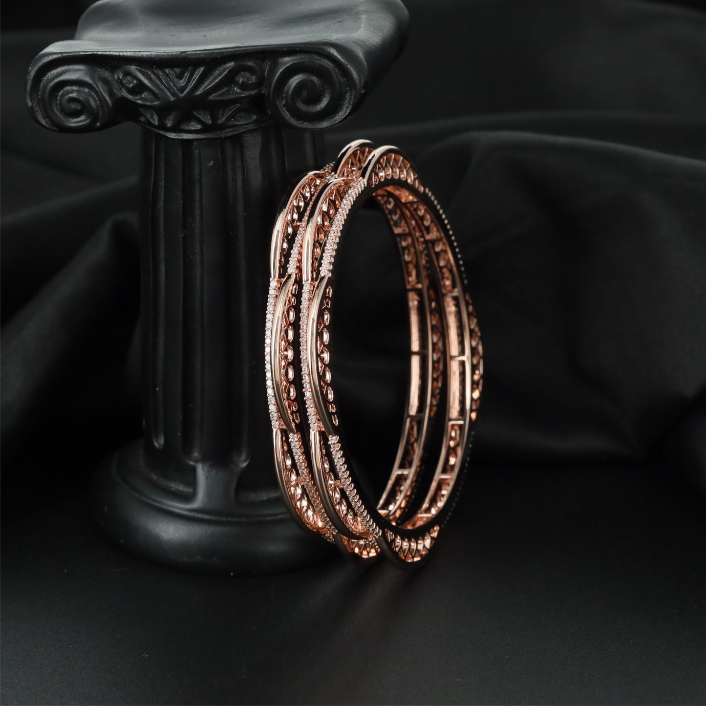Carved Gallery Rose Gold Bangles with Detailed Side Construction
