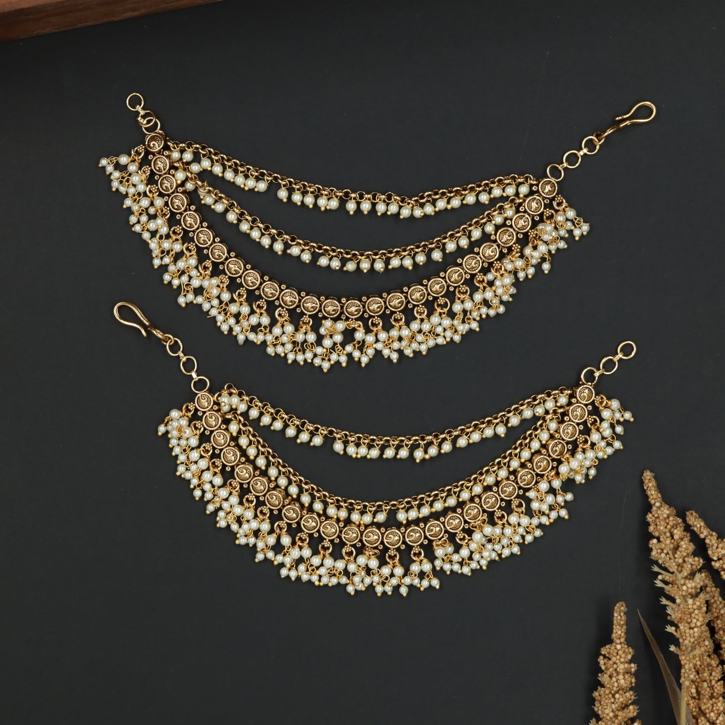 Premium Chain Mati with Cascading Pearl Hangings and Border Rows