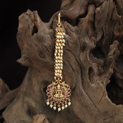 Stone Fringe Antique Tikka with Lakshmi Pendant and Orb Tassels