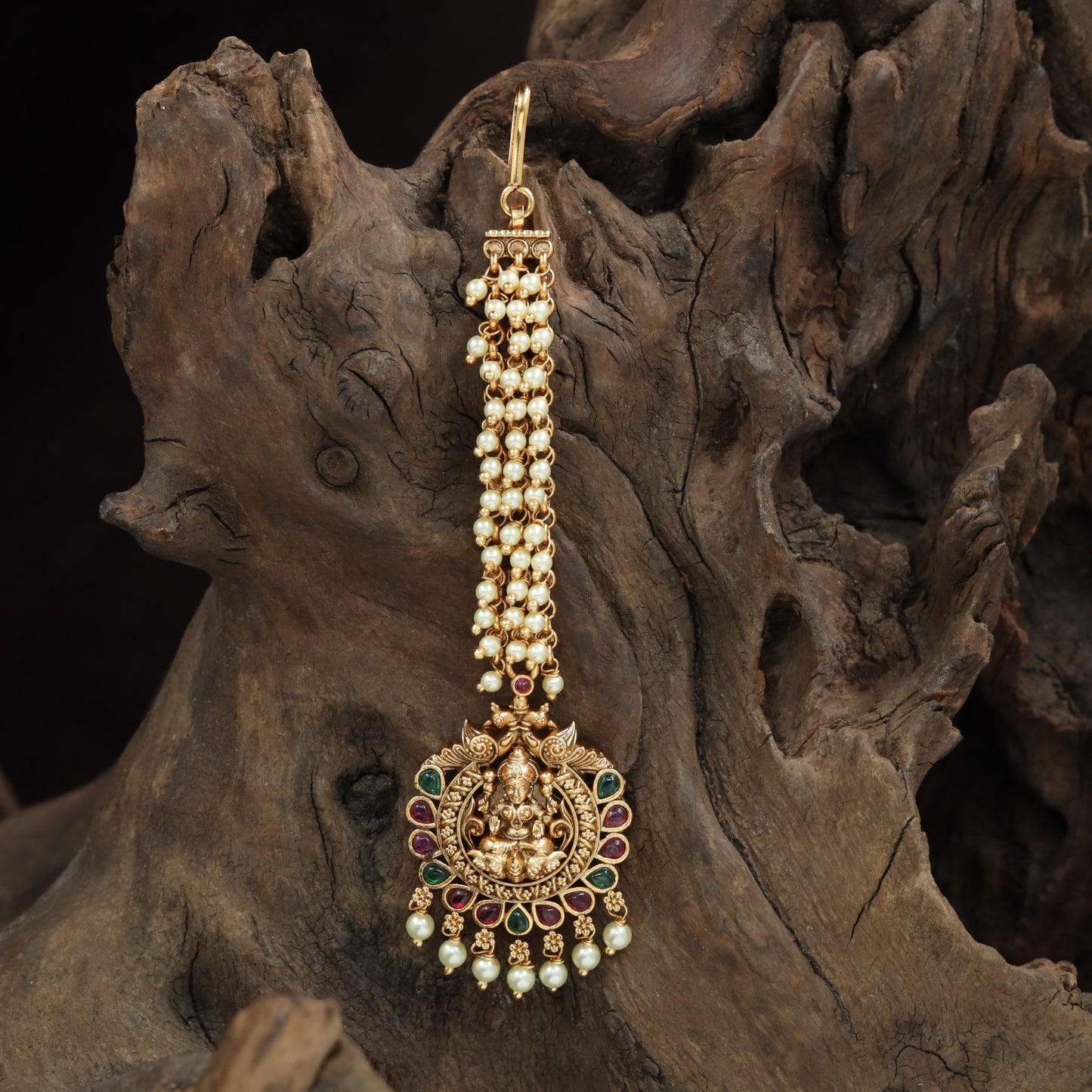 Stone Fringe Antique Tikka with Lakshmi Pendant and Orb Tassels