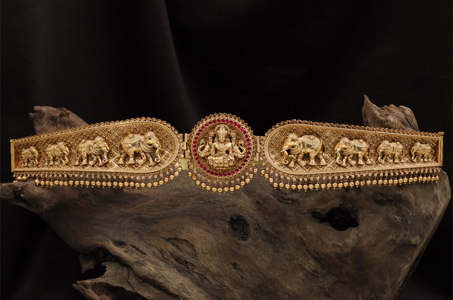 Antique Lakshmi Elephant Dabu Waist Belt with Bead Drops