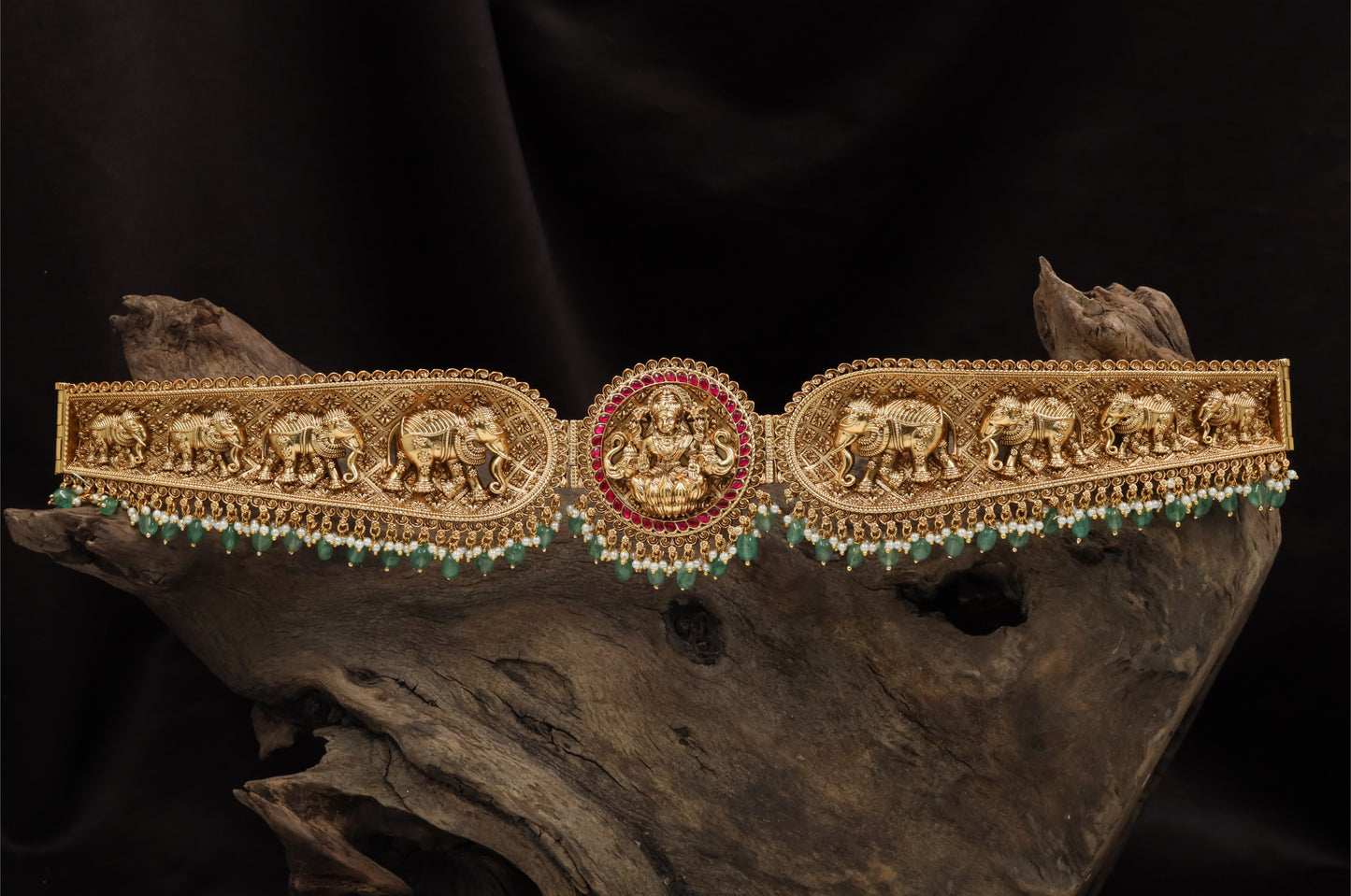 Antique Lakshmi Elephant Dabu Waist Belt with Bead Drops