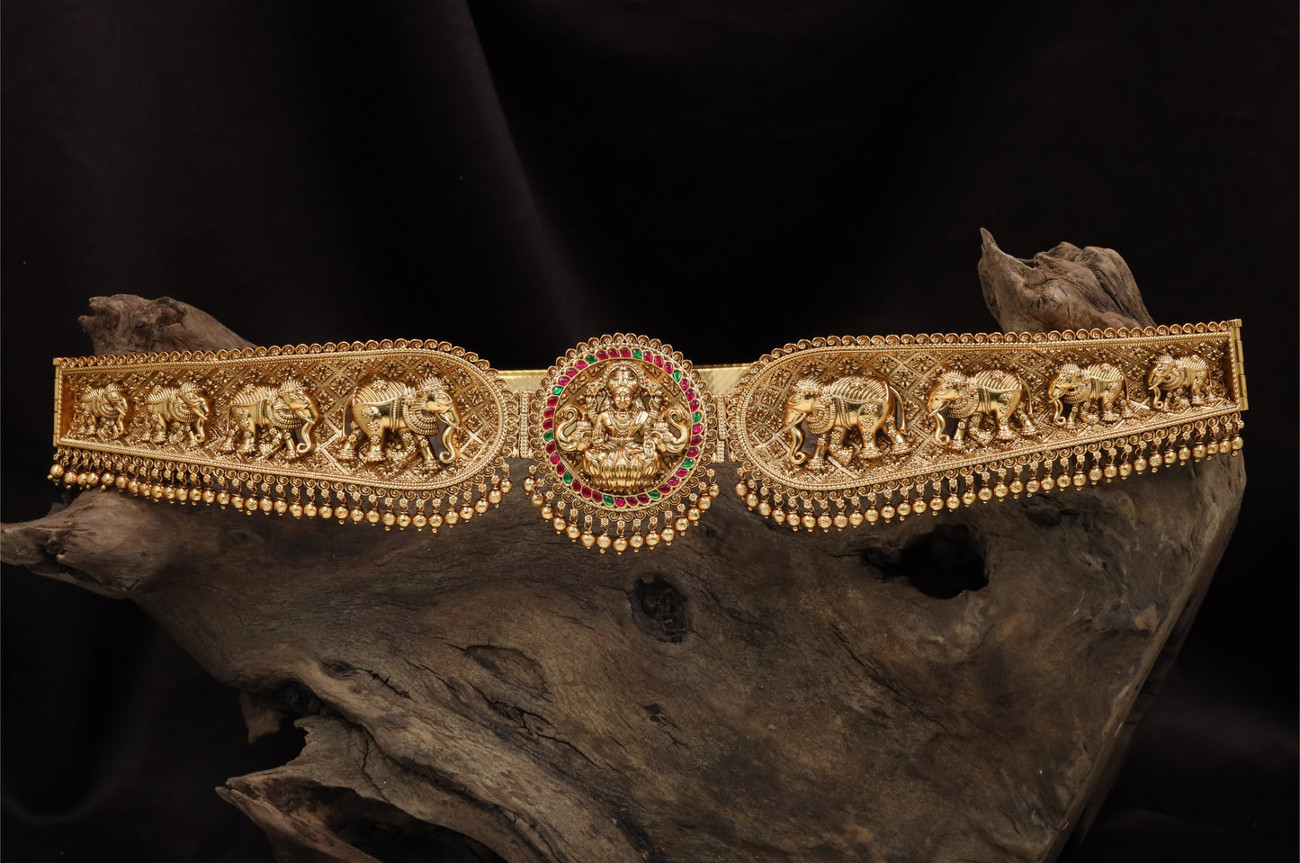 Antique Lakshmi Elephant Dabu Waist Belt with Bead Drops