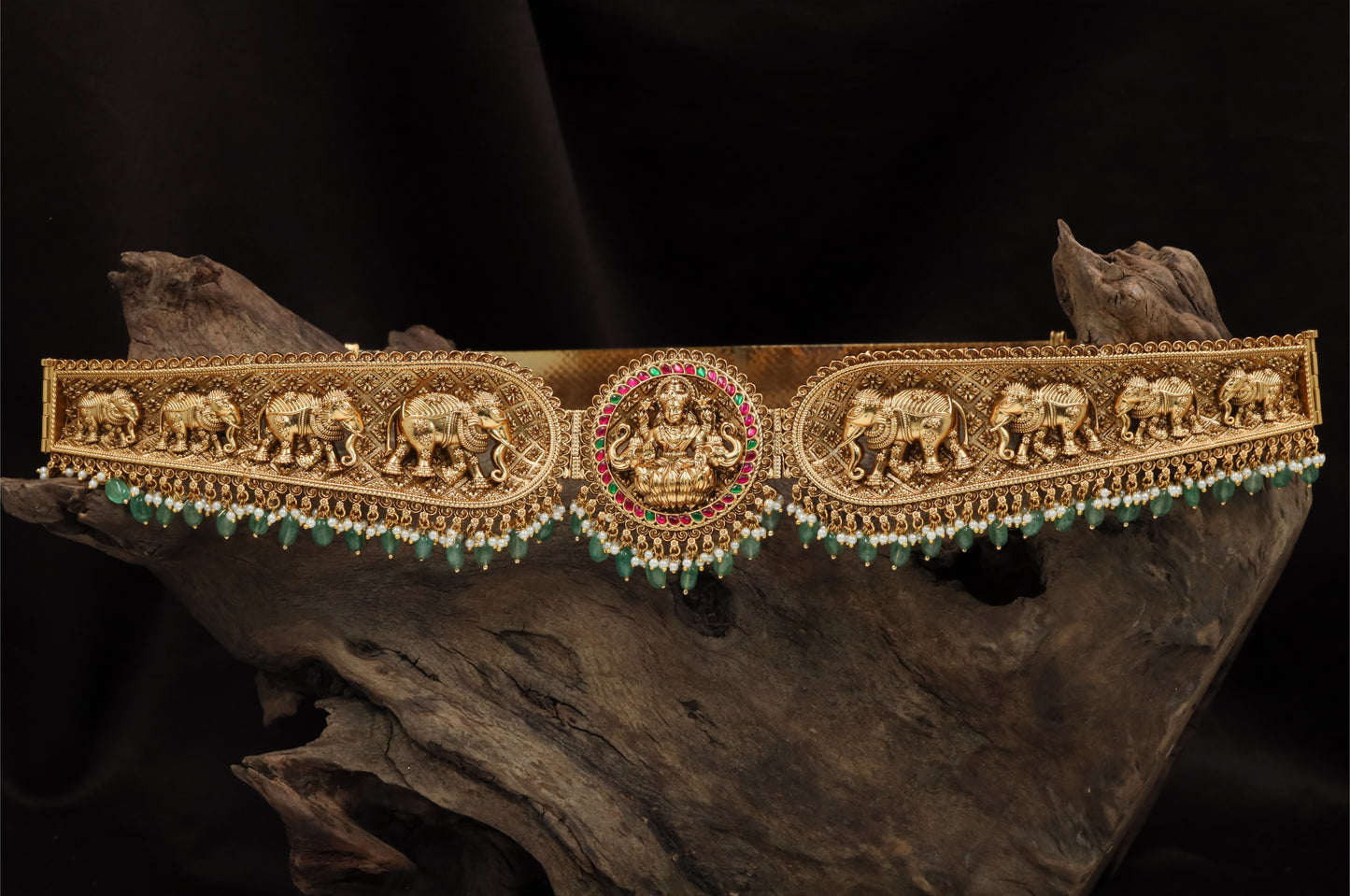Antique Lakshmi Elephant Dabu Waist Belt with Bead Drops