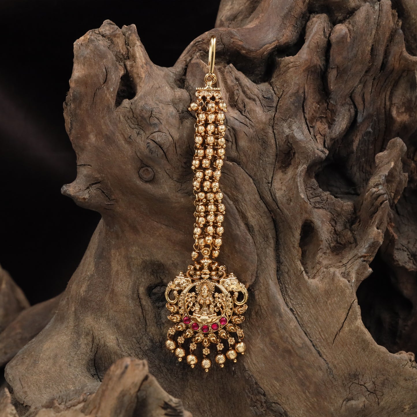 Beaded chain tikka with Lakshmi panel pendant and dense fringe drop detailing