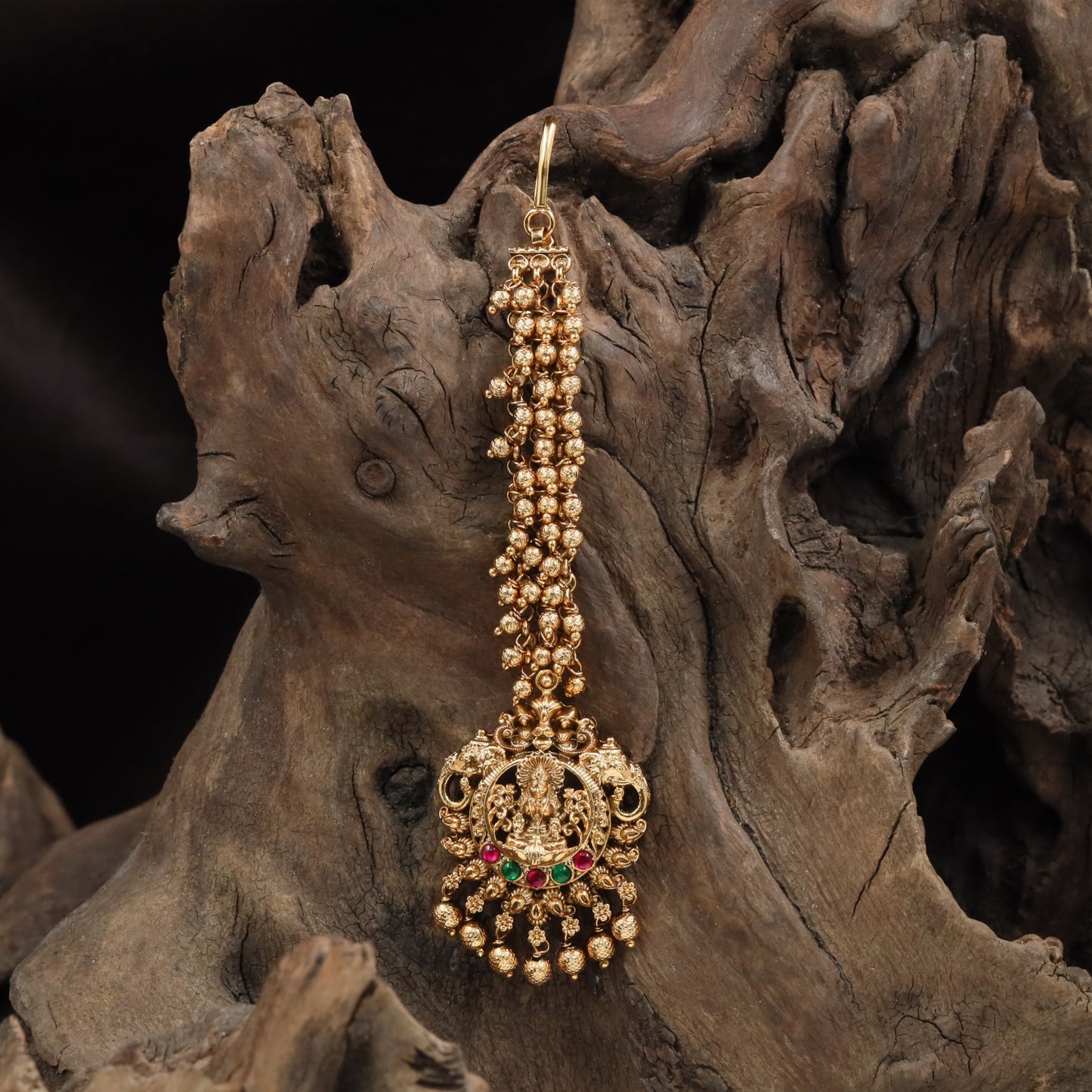 Beaded chain tikka with Lakshmi panel pendant and dense fringe drop detailing