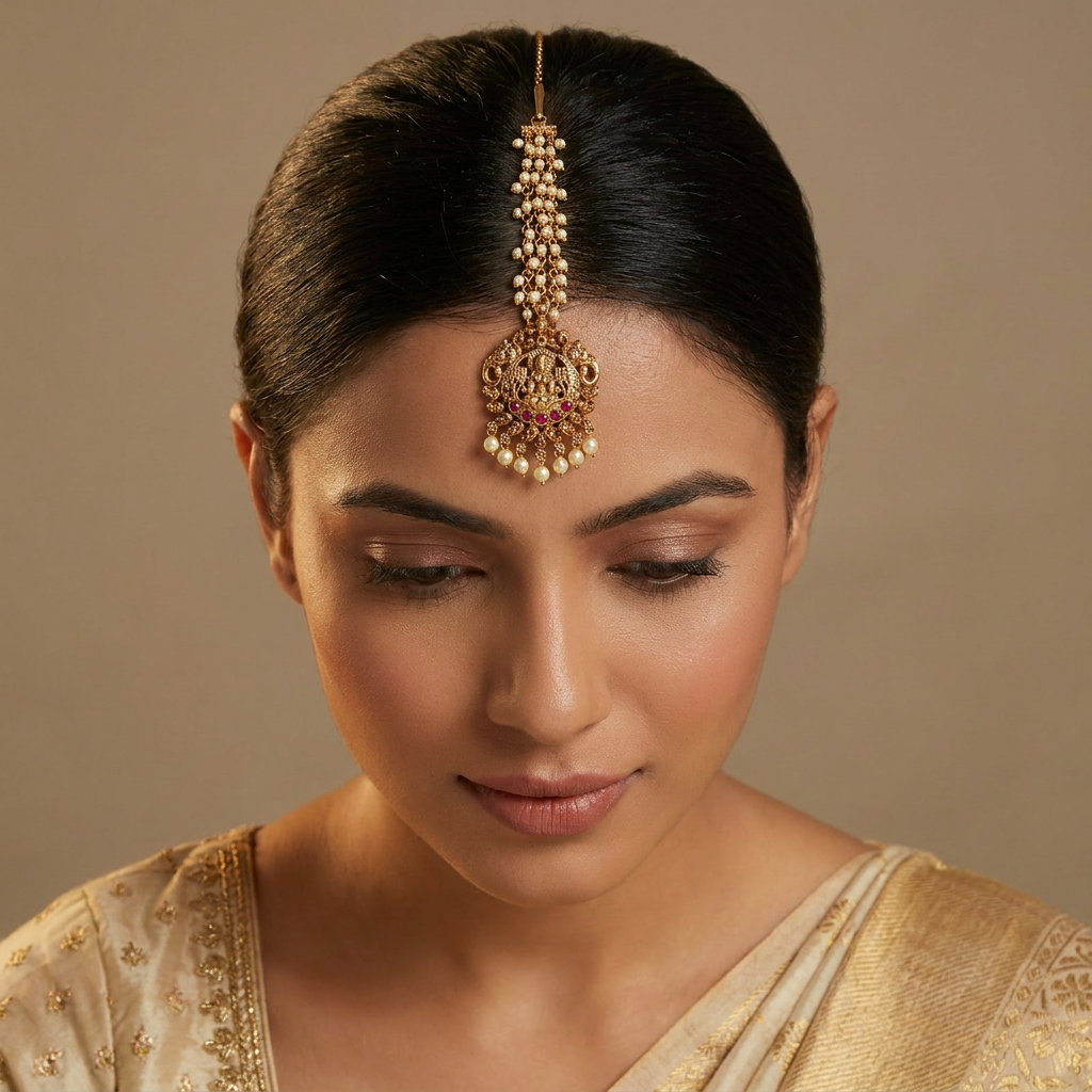 Beaded chain tikka with Lakshmi panel pendant and dense fringe drop detailing