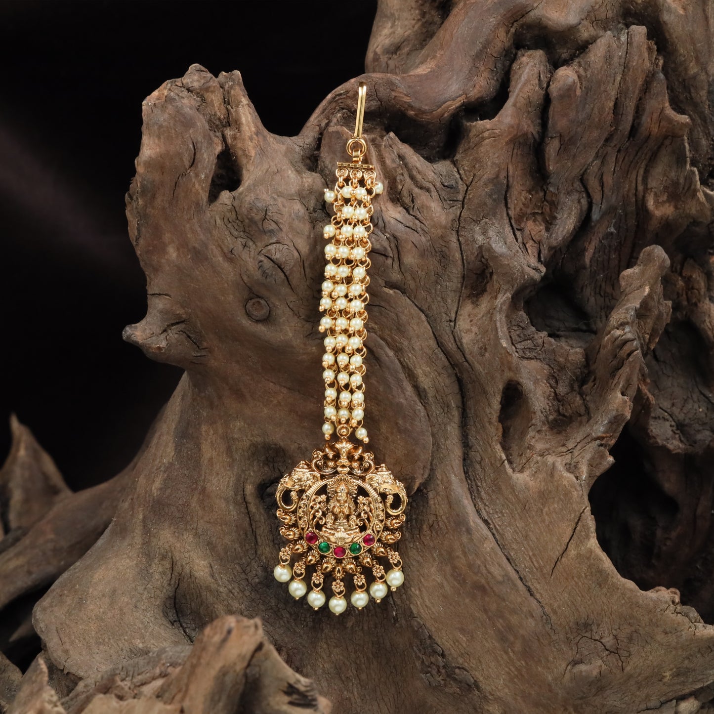 Beaded chain tikka with Lakshmi panel pendant and dense fringe drop detailing