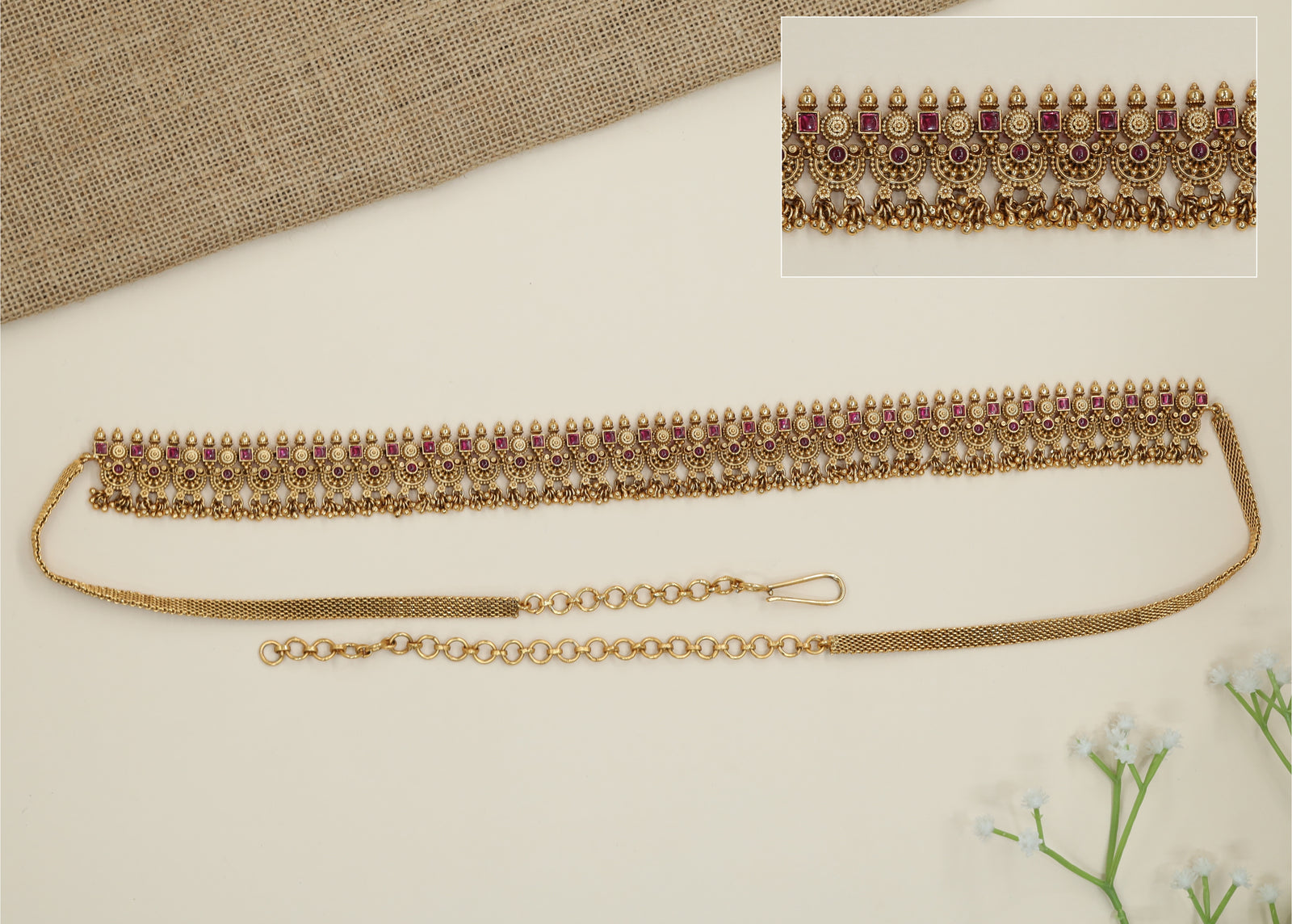 Stonework Arch Antique Waist Belt with Granule Fringe Detailing