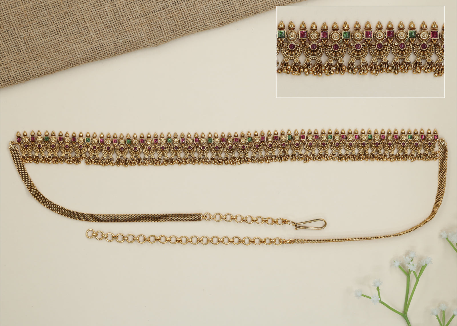 Stonework Arch Antique Waist Belt with Granule Fringe Detailing