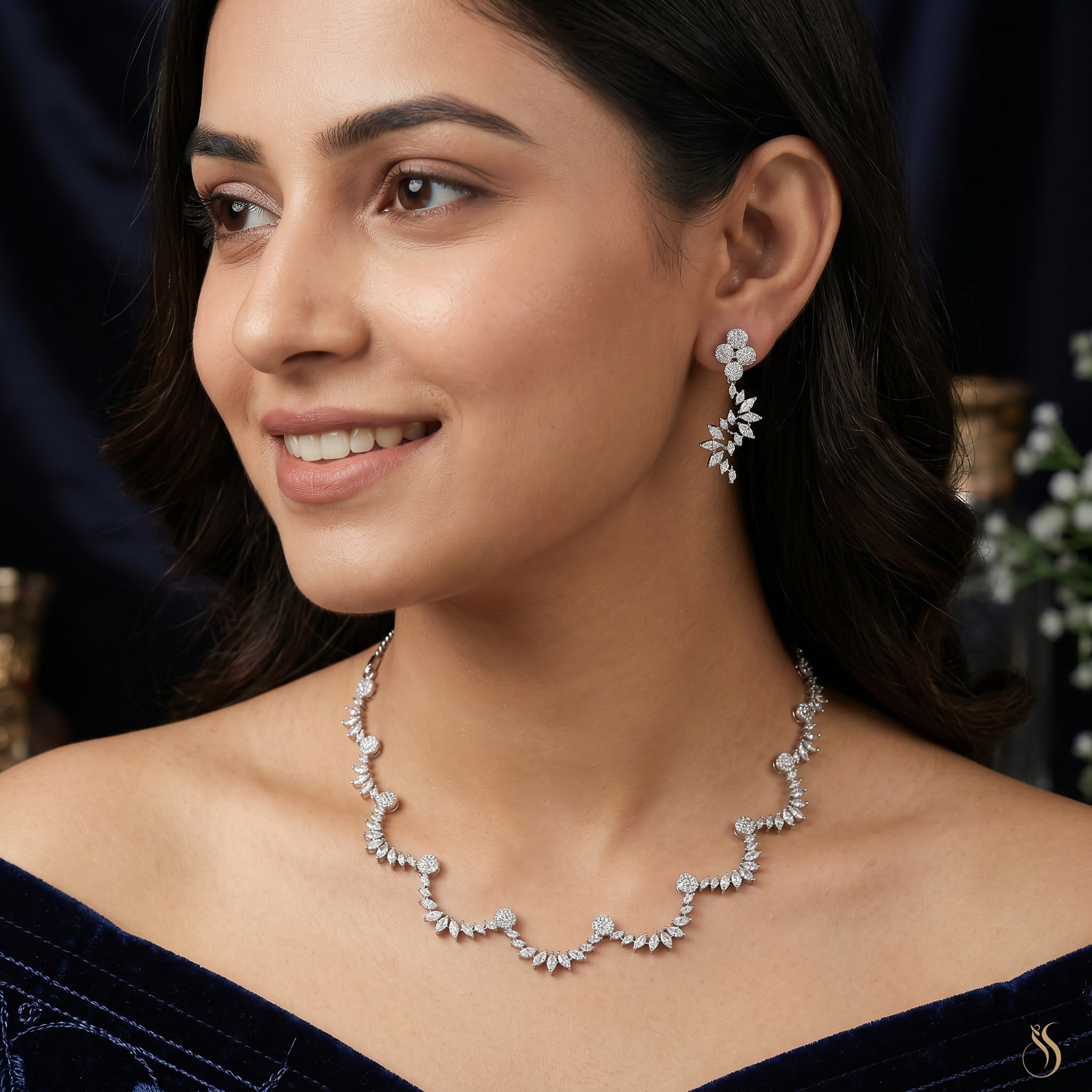 Aurora Leaf Necklace with Curved Floral Drop Detailing