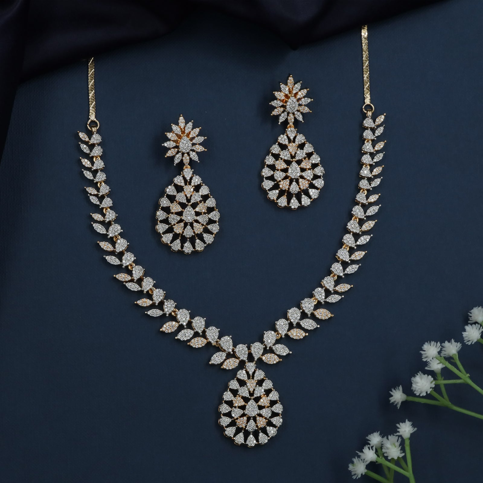 Aster Leaf Necklace with Floral Drop Pendant Design