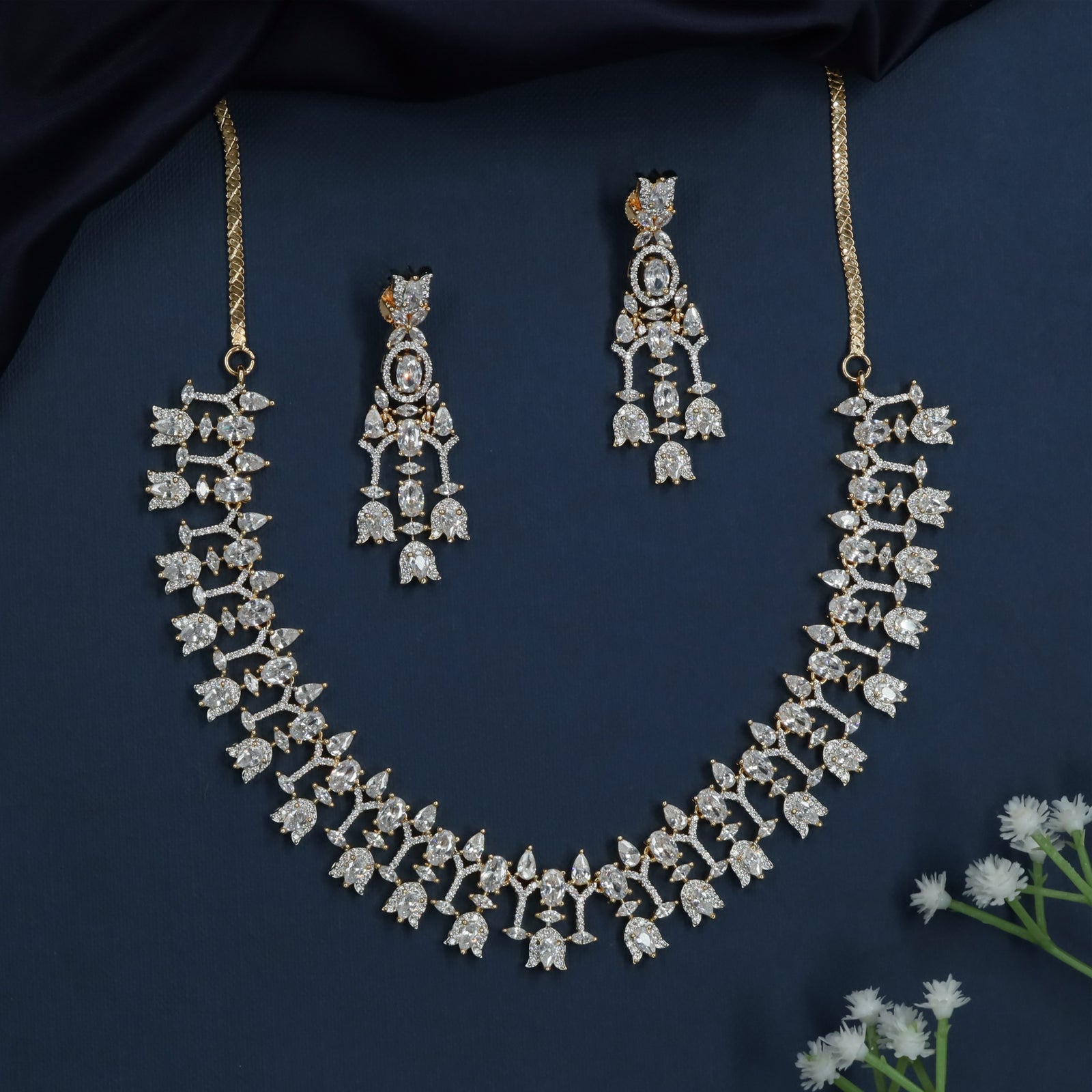 Dewleaf Arc Necklace with Structured Floral Sections