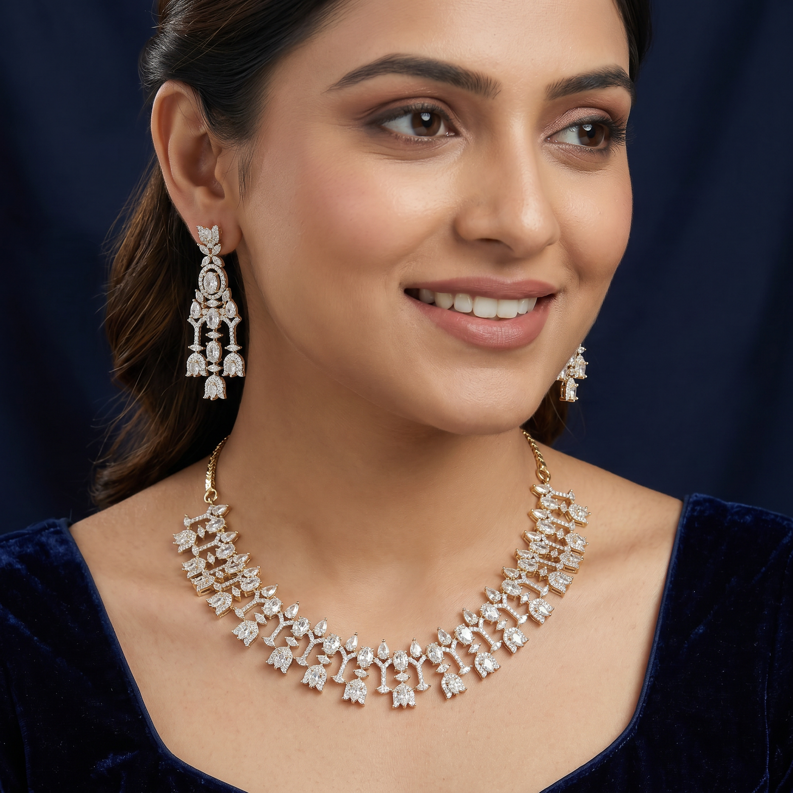 Dewleaf Arc Necklace with Structured Floral Sections