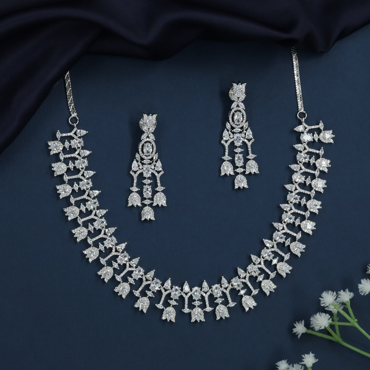 Dewleaf Arc Necklace with Structured Floral Sections