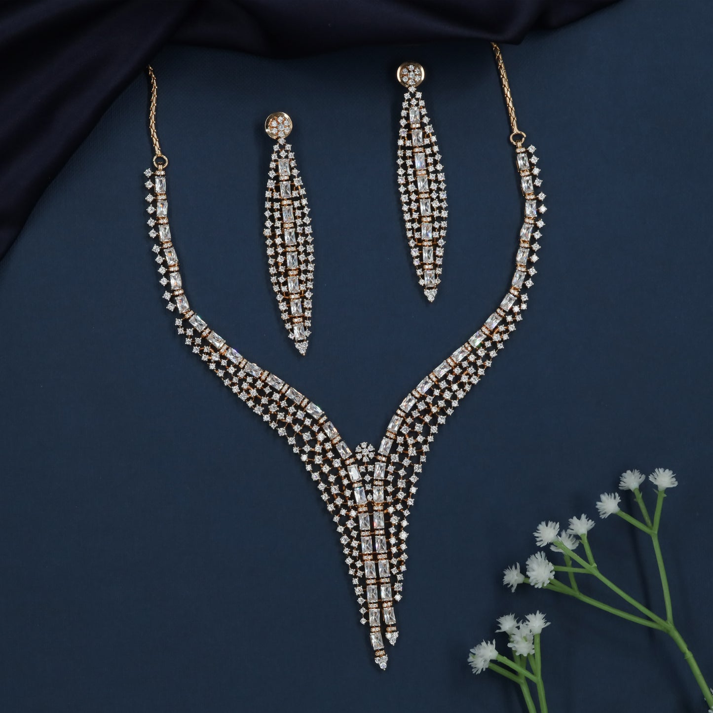 Crystal Stream Necklace with Structured V Shape Layout