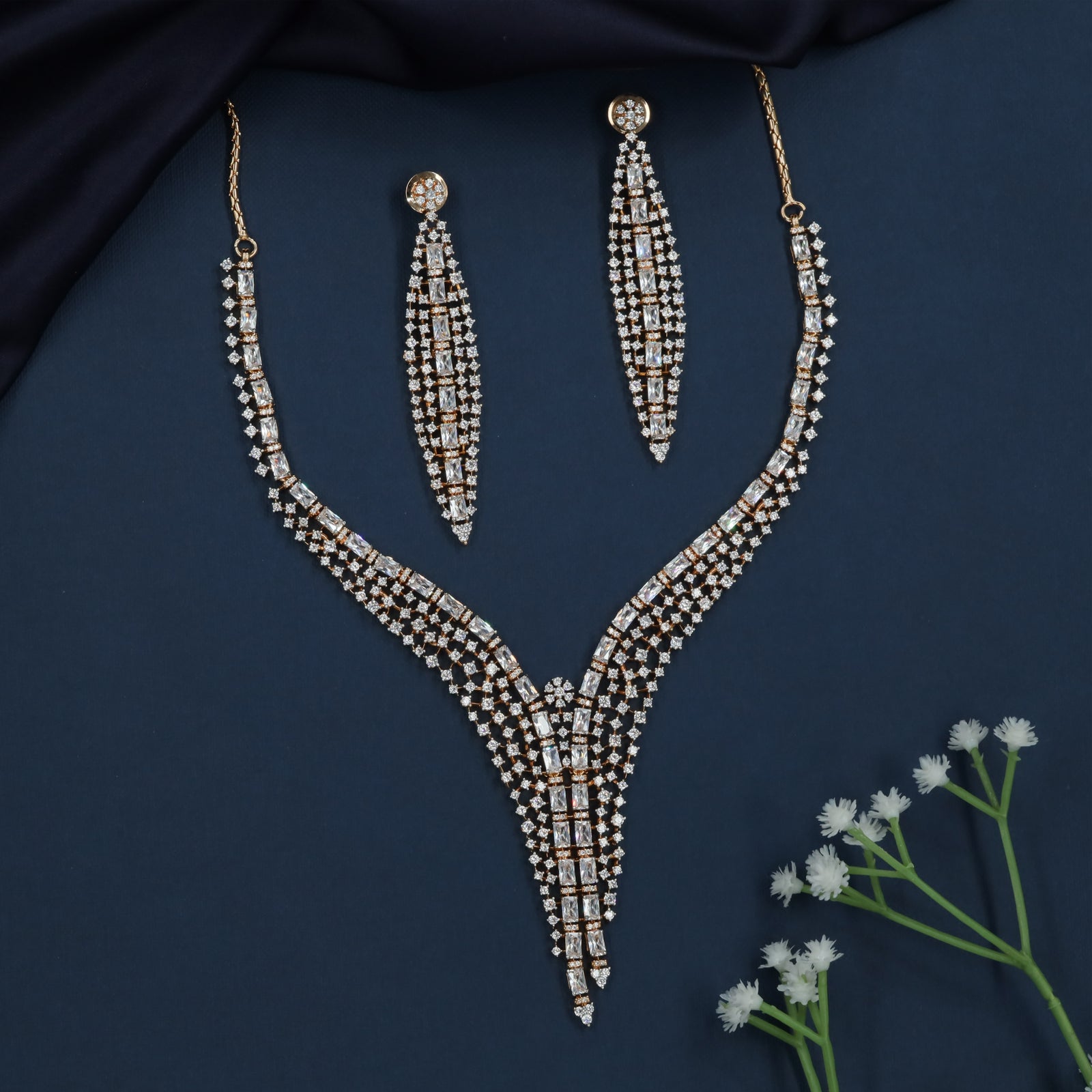 Crystal Stream Necklace with Structured V Shape Layout