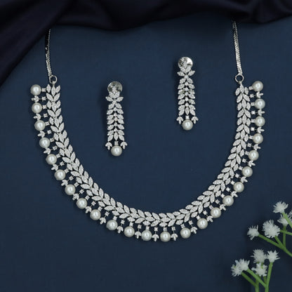 Brilliance Fern Rhodium Necklace with Pearl Drop Border
