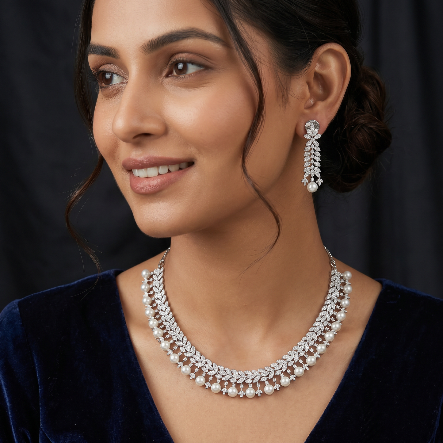 Brilliance Fern Rhodium Necklace with Pearl Drop Border