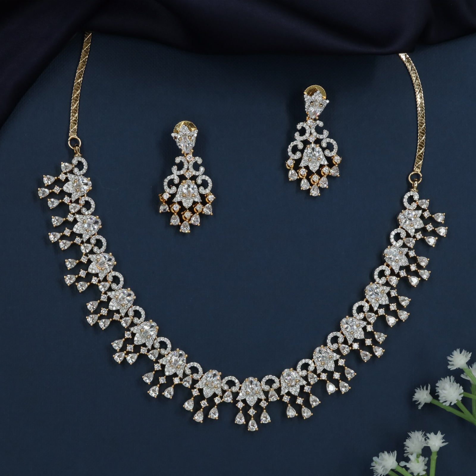 Jasmine Floral Necklace with Curved Scroll Pattern